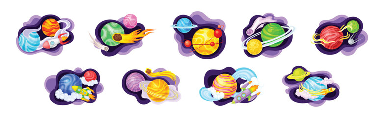 Cosmos with Celestial Body and Flying Spaceship on Fluid Purple Shape Vector Composition Set