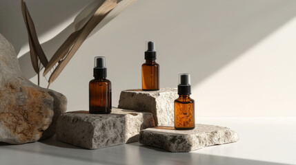 Obraz na płótnie Canvas Modern minimalist beauty and skincare products arranged aesthetically on geometric stone platforms with plant shadows creating a tranquil ambience