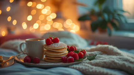 Fototapeta na wymiar Breakfast on valentine's day with delicious pancakes, berries and coffee on bed