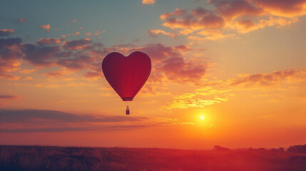 Hot balloon shaped like a heart flying over the landscape at sunset