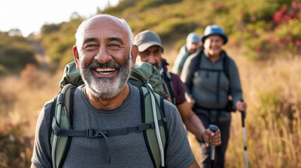 cheerful older man with a beard leads a group of fellow hikers on a sunny trail, all wearing backpacks and outdoor gear. - obrazy, fototapety, plakaty