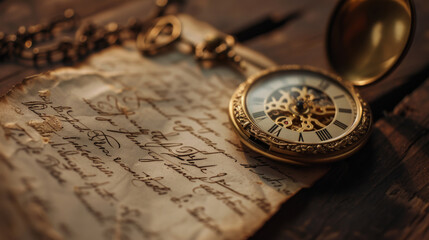 Fototapeta na wymiar Hand written letter and an old vintage pocket watch