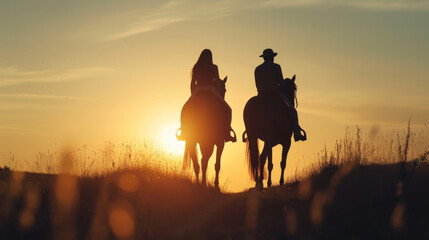 Two riders riding in the sunset of beautiful landscape
