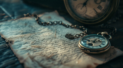 Hand written letter and an old vintage pocket watch - obrazy, fototapety, plakaty