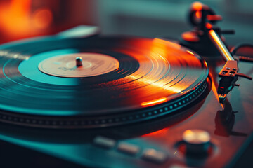 Fototapeta na wymiar Turntable playing vinyl record in vivid colored lighting