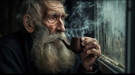 an elderly man smokes a pipe and looks out the window Generative AI - obrazy, fototapety, plakaty