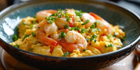 Hong Kong and Cantonese cuisine, scrambled eggs with shrimp, Generative AI