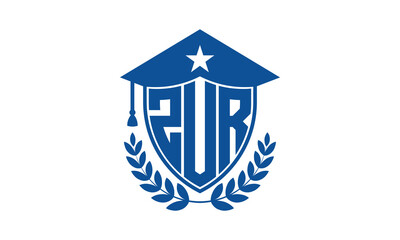 ZUR three letter iconic academic logo design vector template. monogram, abstract, school, college, university, graduation cap symbol logo, shield, model, institute, educational, coaching canter, tech