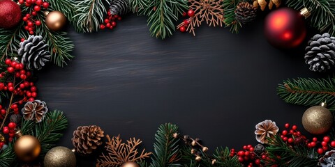 Fototapeta na wymiar Christmas themed circular border crafted from wintry elements on a black background Flat perspective Festive idea, Generative AI