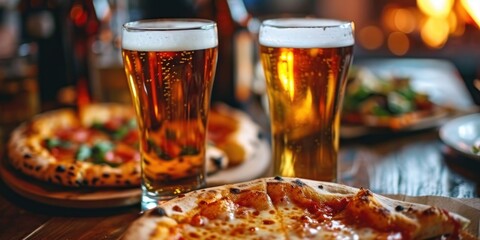 Close-up of beer and pizza glasses, Generative AI