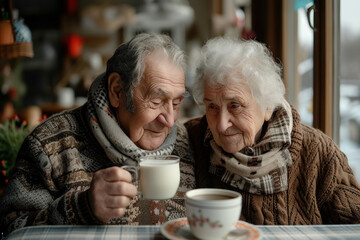 A tender moment as an elderly couple in cozy sweaters shares a glass of milk against a backdrop of warm festive lights.
