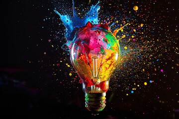 Creative light bulb explodes with colorful paint and splashes on a black background. Think differently, creative idea.