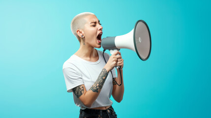 woman with a short platinum blonde haircut and tattooed arms is yelling into a megaphone against a plain blue background