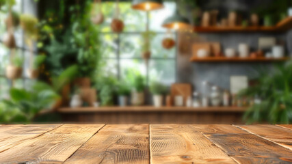 Wooden empty table for montage your products against blurred Cozy interior of sustainable floristic shop. Eco friendly shopping concept. Scene stage showcase for promotion sale or advertising