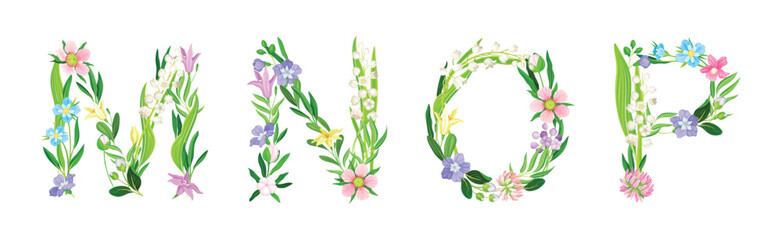Flower Alphabet with Blooming Meadow Flora Uppercase Letter Vector Set