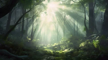 Schilderijen op glas Nature's Spotlight: Beautiful Sunlight Rays in a Lush Green Forest © maikuto