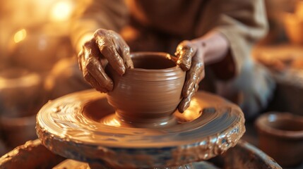 Fototapeta na wymiar Close up of hands forming pottery Generative AI