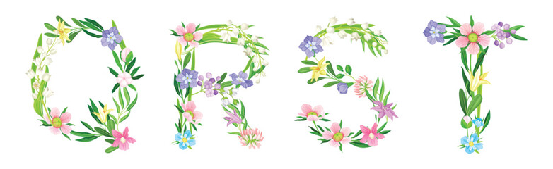 Flower Alphabet with Blooming Meadow Flora Uppercase Letter Vector Set