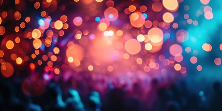 Create a blurry and defocused texture. Illuminate colored lights during a concert with artists performing amidst light and smoke, Generative AI