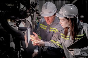 Business engineers meet and check control heavy machine robot arm. Diverse Team of Industrial Robotics Engineers Gathered Around machine. Professional Machinery Operator Use Industrial Digital Tablet.