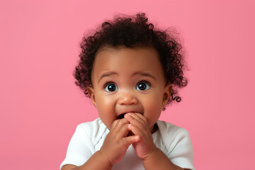 Nervous African American baby girl and biting nails in studio with oops reaction on pink background. - obrazy, fototapety, plakaty