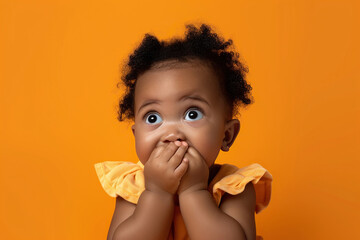 Scared African American baby girl and biting nails in studio with oops reaction on orange background. - obrazy, fototapety, plakaty
