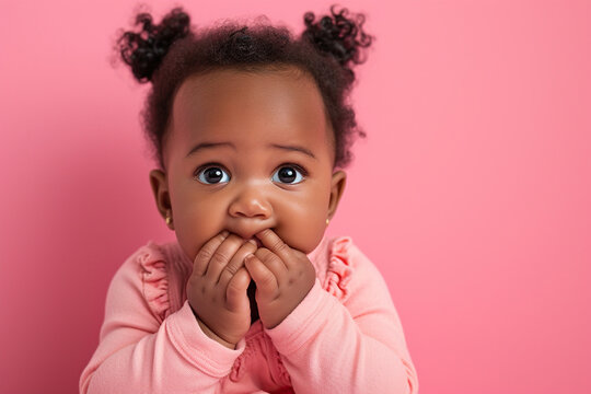 Scared African American baby girl and biting nails in studio with oops reaction on pink background.