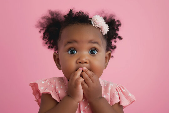 Scared African American baby girl and biting nails in studio with oops reaction on pink background.
