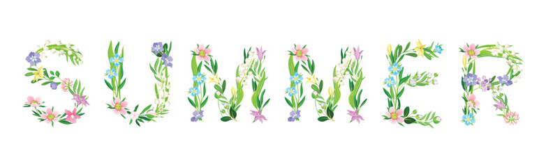 Summer Flower Word and Inscription with Blooming Meadow Flora Uppercase Letter Vector Set