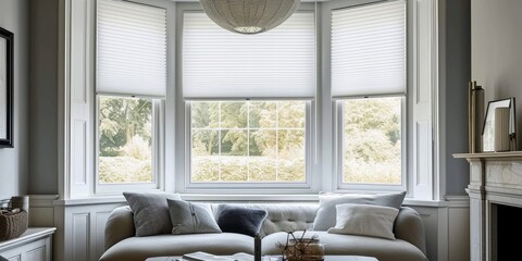 Extra large pleated blinds in white, featuring a 50mm fold, showcased in the window opening. Contemporary top down bottom up privacy shades for apartment, Generative AI
