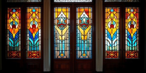 Geometrically arranged stained glass windows in historic doors allow diffused light through lead sealed art nouveau cubist styles, Generative AI