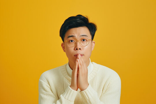 Nervous Asian man and biting nails in studio with oops reaction to gossip on Yellow background. Mistake, sorry and male overwhelmed by fake news, drama or secret with regret, shame or awkward