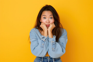 Nervous, Asian woman and biting nails in studio with oops reaction to gossip on yellow background. Mistake, sorry and female overwhelmed by fake news, drama or secret with regret, shame or awkward
