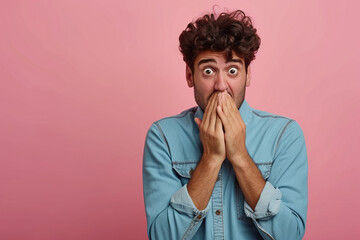 Nervous Latin man and biting nails in studio with oops reaction on pink background. Mistake, sorry, drama or secret with regret, shame or awkward - obrazy, fototapety, plakaty