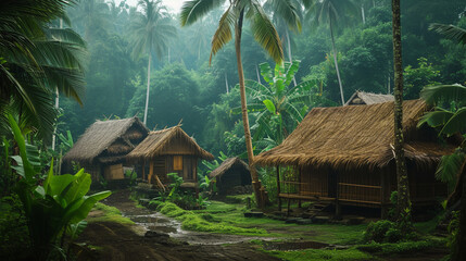 Asian village in jungle. 