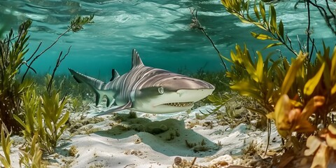 Juvenile shark found swimming in Bimini's mangroves, Bahamas, Generative AI
