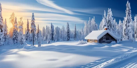 Foto auf Alu-Dibond Scenic winter scene in Lapland Finland with snowy trees and wooden hut, Generative AI © Visual Vortex