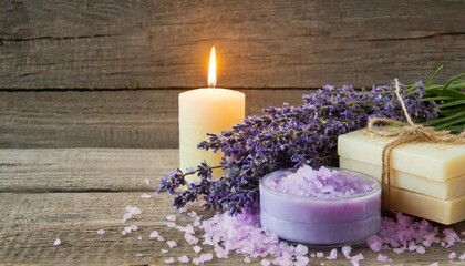 Obraz na płótnie Canvas spa products soaps salts and lit candle with lavender flowers