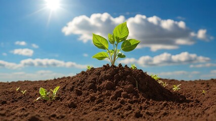 A vibrant green plant sprouts from rich soil under a bright sun against a blue sky. Ideal for environmental themes, growth concepts, high quality image