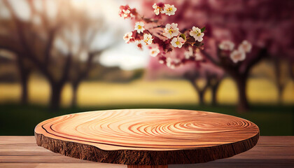 Obraz premium Empty wood table top and blurred sakura flower tree in garden background, for display or montage your products, Ai generated image