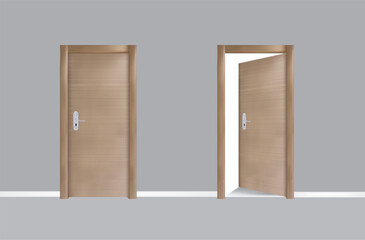 Wooden realistic door on white background, vector