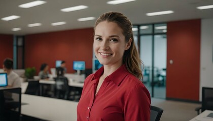 Fototapeta premium Young and elegant businesswoman smiling and looking at the camera standing in the office.