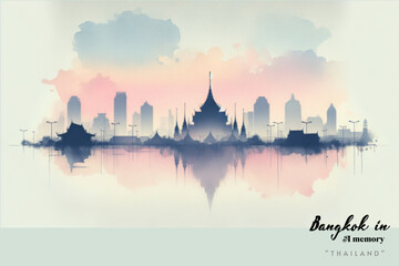 A minimalist watercolour image featuring the silhouette of the Bangkok against a pastel sky, embodying the essence of Thailand in a few elegant strokes.