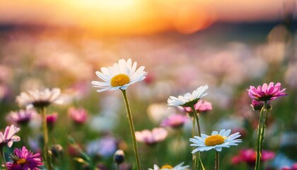 little daisy in meadow flowering beautiful flower in spring sunset in flowering meadow