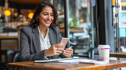 cheerful woman in a business suit is using a smartphone and holding a pen while sitting at a cafe table with a coffee cup and papers in front of her