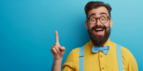 man with glasses raises his index finger up idea amazement Generative AI - obrazy, fototapety, plakaty