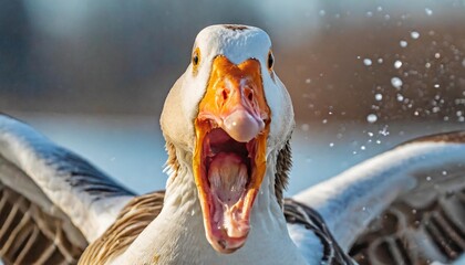aggressive duck attacks close up portrait shot of angry goose with open beak