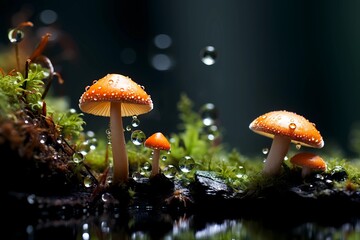 mushroom in the forest with moisture drops and moss