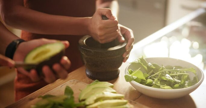 Hands, food or couple in kitchen with avocado, salad or vegetarian meal prep closeup. Cooking, health or people in house with ingredients for green brunch, diet or superfoods, nutrition or raw eating
