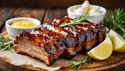 delicious bbq ribs on wooden table with garlic butter